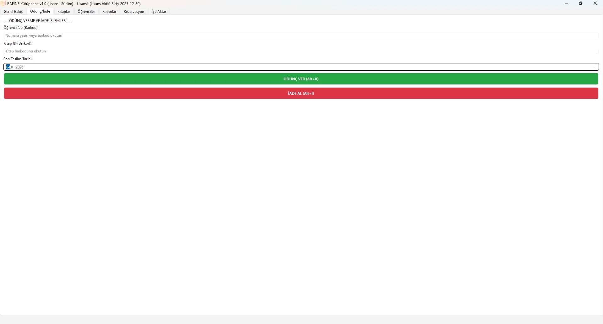 Ödünç Verme ve İade Alma Ekranı