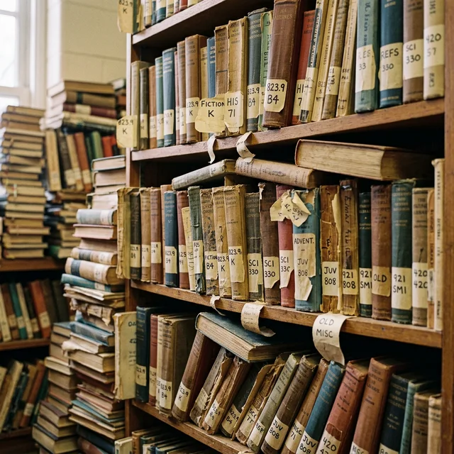 Karmaşık kütüphane rafları ve düzensiz etiketler