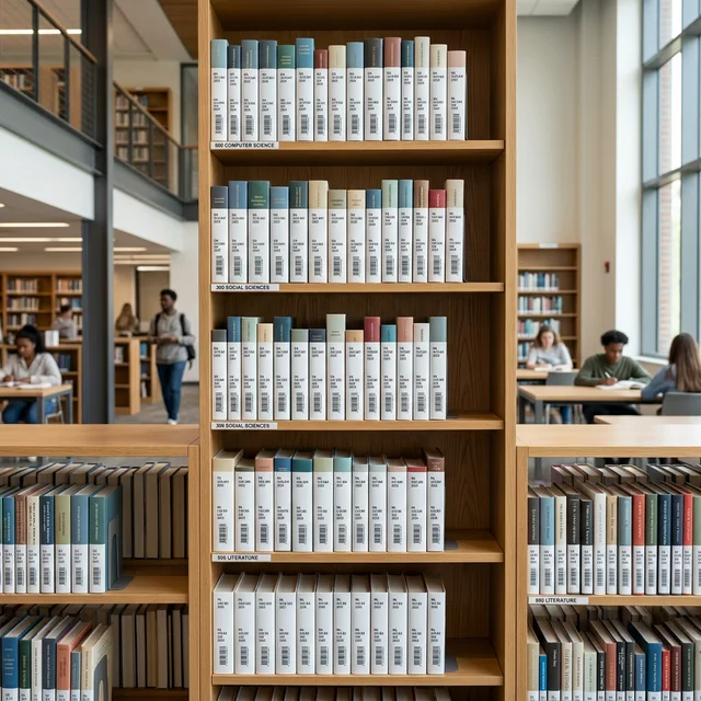 Kusursuz düzenlenen modern kütüphane rafları ve barkodlar