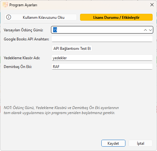 Ayarlar ve Lisans Aktivasyon Ekranı