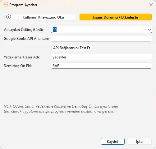 Ayarlar ve Lisans Aktivasyon Ekranı